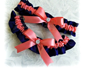 Navy blue and coral wedding bridal leg garter set, something blue bridal accessories, garter belt