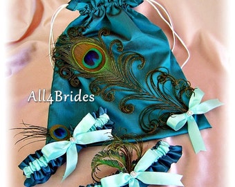 Peacock Wedding Bridal Leg Garters and Drawstring Bag Teal and Aqua - Peacock Feathers Bridal Accessories - Something Blue