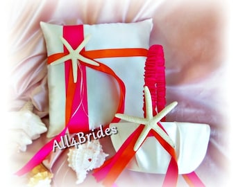 Beach weddings ring bearer pillow and flower girl basket, hot pink and orange, starfish wedding pillow and basket