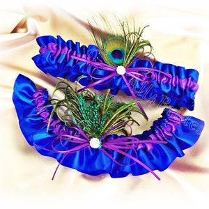 Peacock wedding garters - peacock bridal leg garter belt royal blue and regency purple