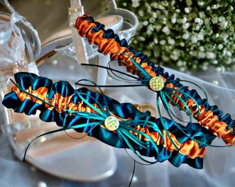 Teal and Burnt Orange Wedding Bridal Garter Set - Something Blue Garters