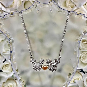 Mickey and Minnie charm necklace, Disney inspired Mickey Mouse and Minnie crystal chark necklace