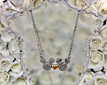 Crystal Charm Necklace mouse couple with heart