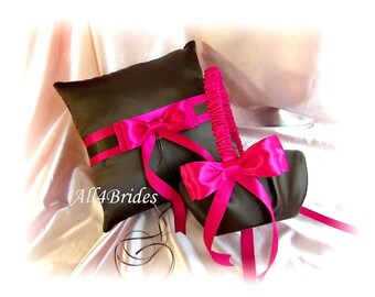 Wedding Pillow and Basket Chocolate Brown and Fuchsia Ring Bearer Pillow and Flower Girl Basket