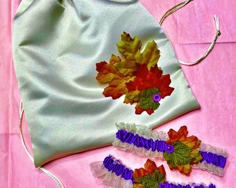 Fall leaves wedding bridal garter leg set and wedding money dance bag, purple and burnt orange colors