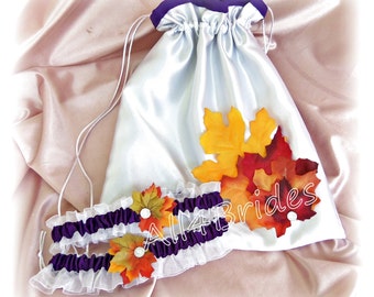 Fall leaves wedding money dance bag and bridal leg garter set, purple wedding garters and drawstring bag