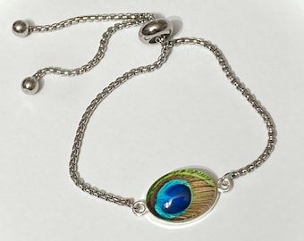 Peacock feather charm bracelet, adjustable bracelet