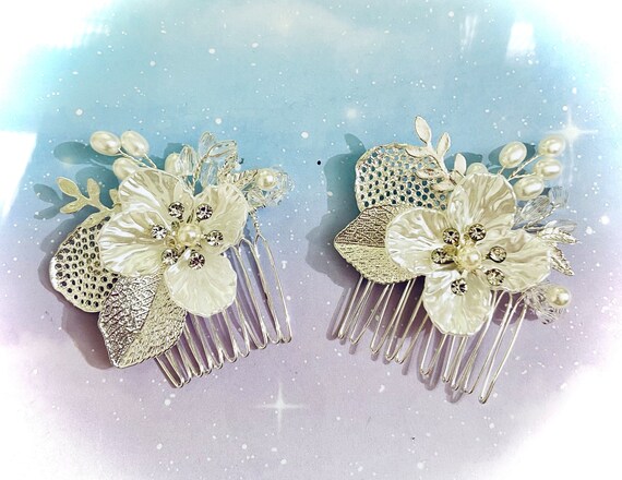 Bridal floral combs (2-piece set) - NWOT Bridal headpiece, hair accessory with flowers - Double  main image 2