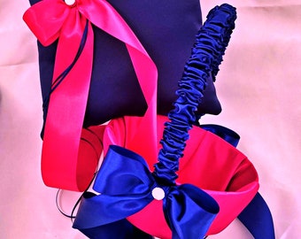 Ring bearer pillow and flower girl basket navy blue and fuchsia pink weddings ceremony accessories