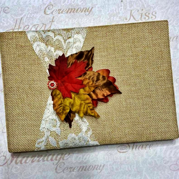 Rustic wedding guest book, Fall leaves,  Burlap wedding guest book.  Ready to ship.