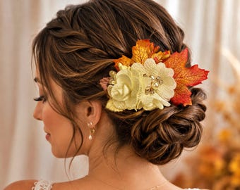 Fall Leaves Hair Clip: Ivory Fabric Rose Bridal Hair Piece