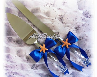 Starfish beach wedding cake knife set, Royal blue starfish knife and server