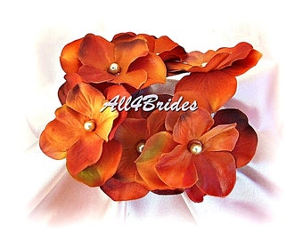 Burnt orange hydrangea flower hair pins, Fall weddings bridal or bridesmaids hair pins.