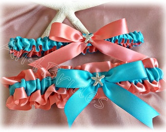 Starfish wedding leg garters, coral reef and turquoise bridal garter belt