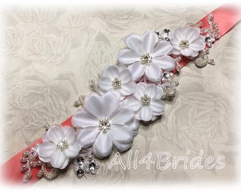Wedding gown sash belt, Bridal sash, crystals, rhinestones, flowers, lace.  Wedding bridal sash belt custom colors.