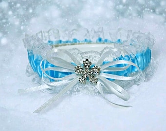Snowflake Wedding Garter, Lace, Satin Ribbon, Crystal Charm, Something Blue