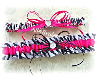 Hot pink and black zebra print wedding bridal garter set