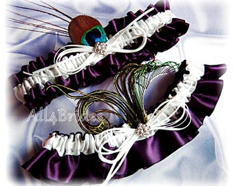 Eggplant peacock feathers bridal garter set, peacock wedding bridal accessories