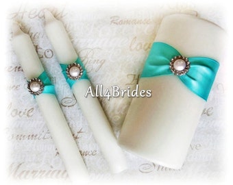 Wedding  Candle Set Unity Candle and Tapers  Turquoise Wedding Ceremony Candles
