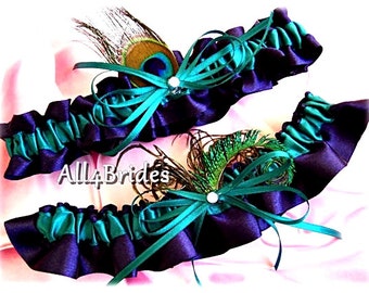 Peacock wedding bridal leg garters lapis and teal, peacock feathers bridal accessories or prom garters