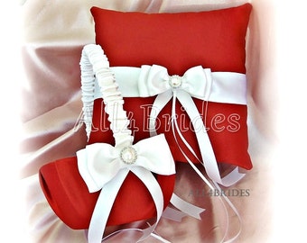 Persimmon Wedding Flower Girl Basket and Ring Bearer Pillow Set, Wedding Cushion and Basket Set