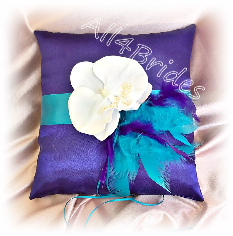 Purple and turquoise wedding set, ring pillow, flower girl basket, guest book pen, bridal leg garter belt set image 3