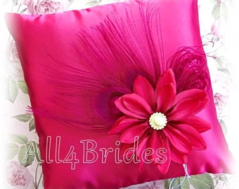 Peacock Wedding Fuchsia Pink Ring Bearer Pillow - Pink Peacock Feathers Ring Pillow