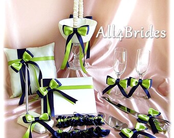 Navy Blue and Lime Green Wedding Flower Girl Basket, Ring Pillow, Guest Book, Bridal Garters, Cake Set, Glasses, 11pc wedding decorations