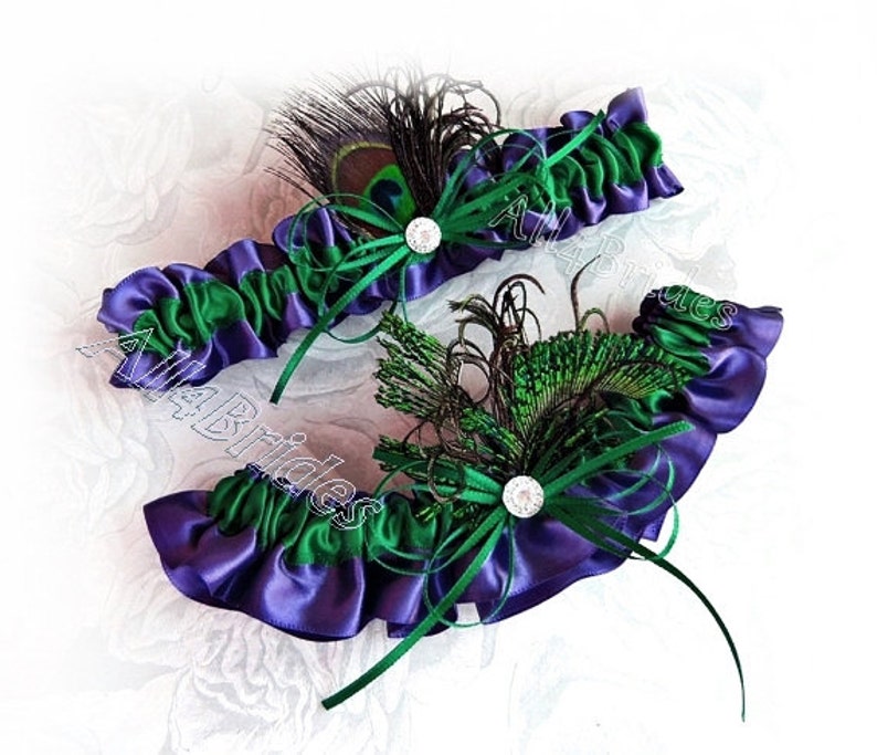 Jade and Wisteria peacock feather garters Prom garters Peacock wedding bridal garter set