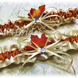 Fall Leaves Wedding Bridal Garter Set, Autumn Wedding Leg Garter Set