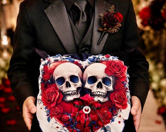 May include: A square black velvet ring pillow featuring a central heart-shaped graphic of two human skulls surrounded by vibrant red roses and blue foliage. A black ribbon bow with a circular rhinestone embellishment is centered at the bottom.