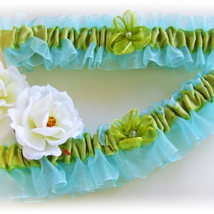 Bridal Garters, Aqua Blue and Lime Green Wedding Leg Garters, Something Blue