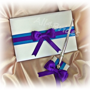Wedding Guest Book Turquoise and Regency Purple wedding accessories, reception guest book and pen set