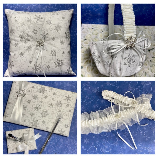 Snowflake wedding set, guest book, ring pillow, flower girl basket and garters. White and silver.