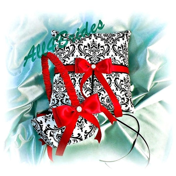 Madison damask wedding pillow and basket, black, white and red