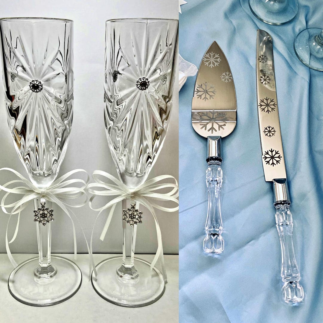Snowflake Champagne Glasses and Cake Cutting Set, Christmas Winter