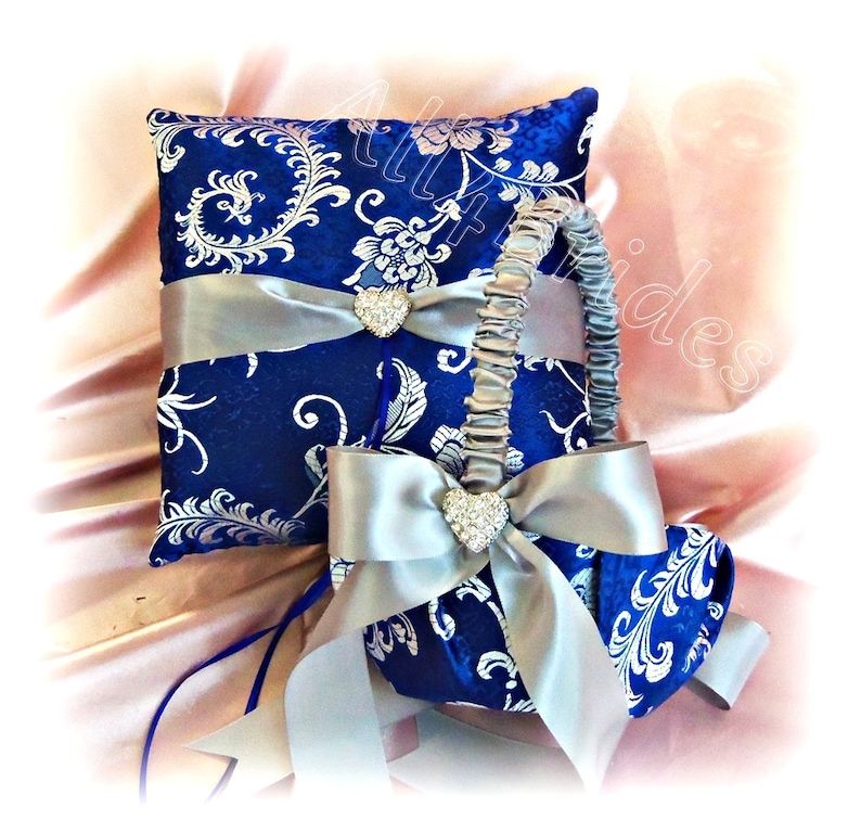 Royal Blue and Silver Grey wedding ring pillow and basket weddings ring cushion and flower girl basket ceremony accessories