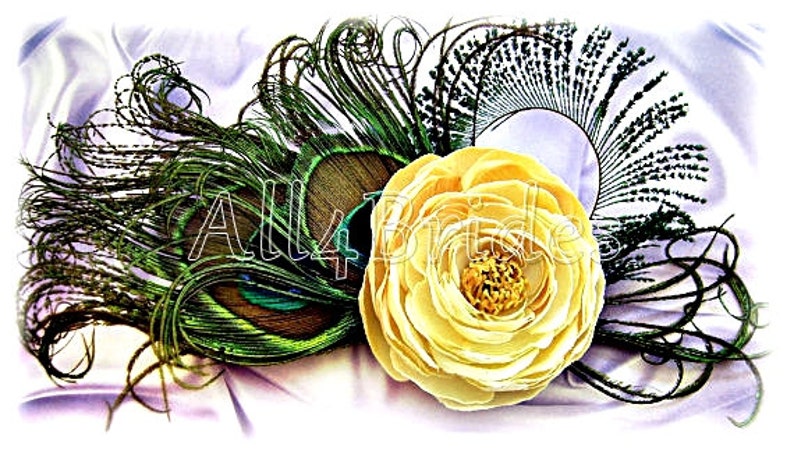 Peacock feather and yellow rose fascinator Peacock Wedding Bridal Bridesmaid fascinator hair clip image 1