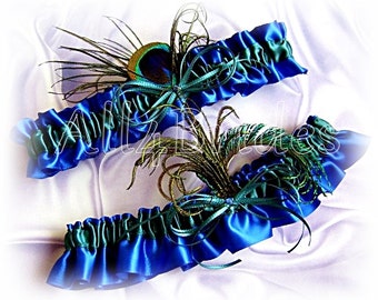 Peacock Wedding Garters Set, Teal Royal Blue Bridal Garters, Something Blue, Peacock Feathers Garters