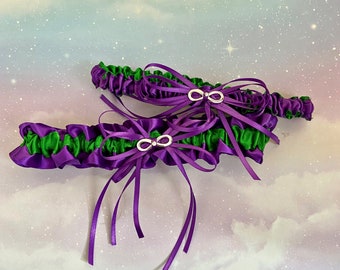 Purple and green garter set, Infinity Symbol wedding bridal keepsake and toss garters.