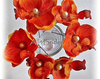 Orange orchid hair flowers, set of six orchid hair pins, bridal or bridesmaids accessories