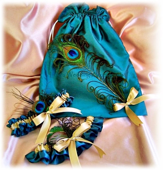 Peacock wedding garters and bag dTeal and Gold bridal leg garters and wedding money dance bag.