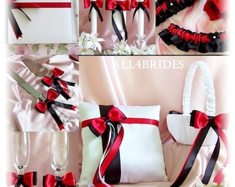 Wedding Red Black White Basket, Pillow, Guest Book, Bridal Garters, Champagne Glasses, Cake Set, Wedding Candles, 12PC SET
