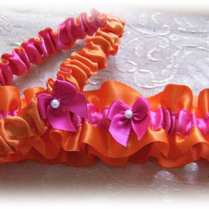 Orange Fuchsia Pink Bridal Garters - Bridal Accessories - Wedding Leg Garters - Garter Belt Set