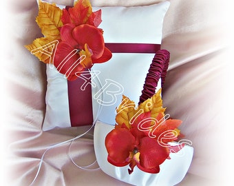 Fall Leaves Wedding Basket and Pillow, Flower Girl Basket and Ring Bearer Pillow Set Burgundy, Persimmon and Burnt Orange