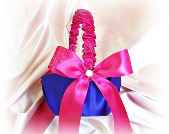 Flower girl basket, royal blue and fuchsia pink wedding basket.