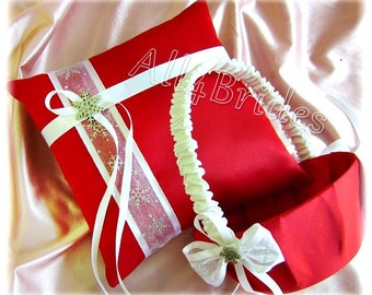 Snowflake Wedding Pillow and Basket, Red and White Ring Bearer Pillow and Flower Girl Basket