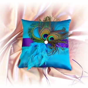 Regency Purple and Turquoise Peacock Wedding Ring Pillow, peacock feathers. image 1