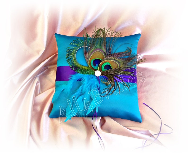 Regency Purple and Turquoise Peacock Wedding Ring Pillow, peacock feathers. image 1