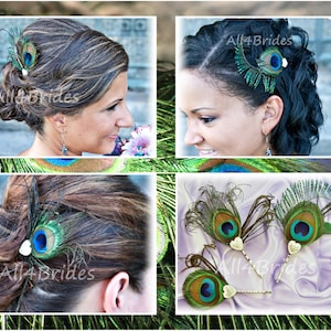 Set of 3 peacock feather bridal or bridesmaids hair pins, peacock wedding hair accessories.